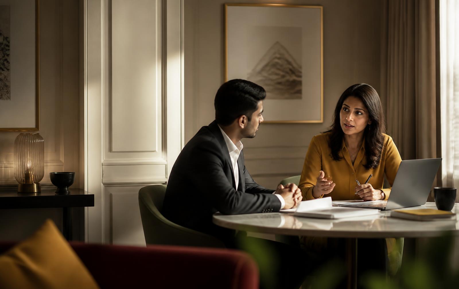 A career advisor in a focused conversation with a professional